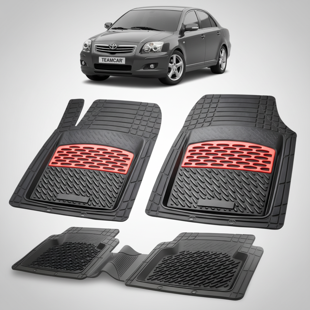 set de covorase din cauciuc negre cu accente rosii cu toyota avensis t25 sedan neagra in fundal
