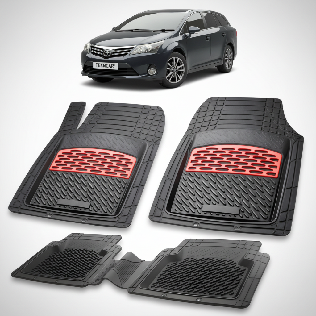 set de covorase din cauciuc negre cu accente rosii cu toyota avensis t27 estate neagra in fundal