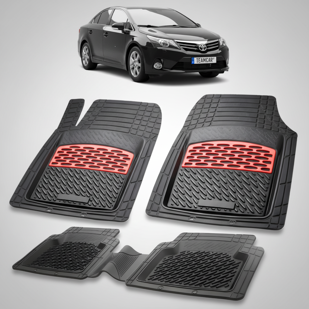 set de covorase din cauciuc negre cu accente rosii cu toyota avensis t27 sedan neagra in fundal


