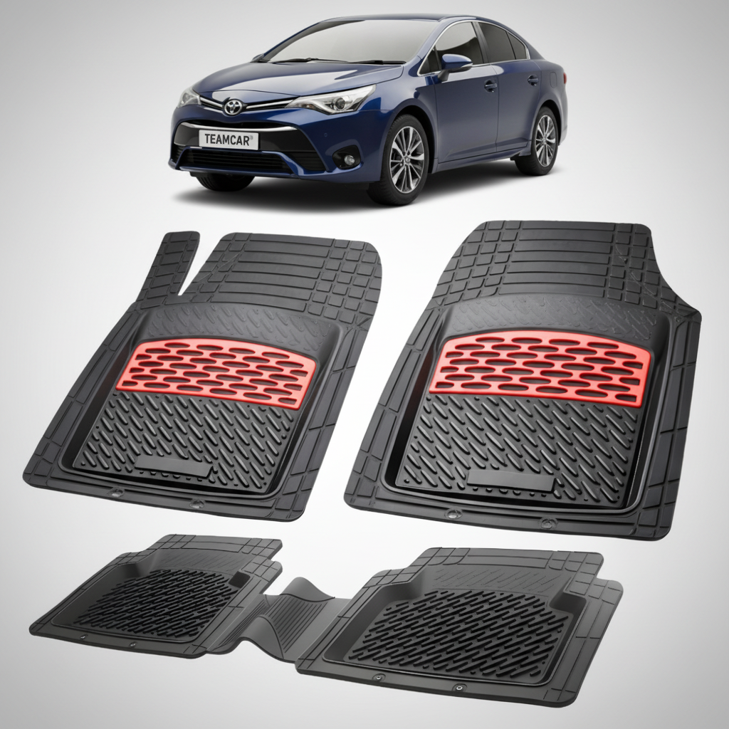 set de covorase din cauciuc negre cu accente rosii cu toyota avensis t27 sedan albastra in fundal