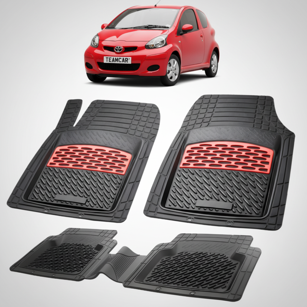 set de covorase din cauciuc negre cu accente rosii cu toyota aygo ab10 hatchback rosie in fundal