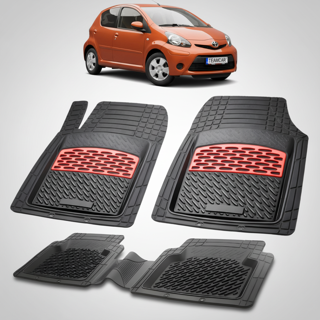 set de covorase din cauciuc negre cu accente rosii cu toyota aygo ab10 hatchback portocalie in fundal