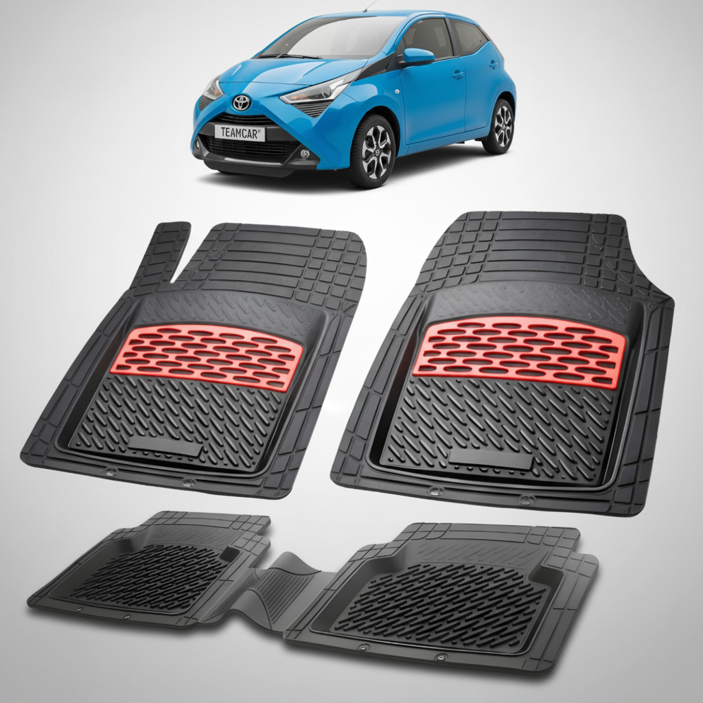 set de covorase din cauciuc negre cu accente rosii cu toyota aygo ab40 hatchback albastra in fundal