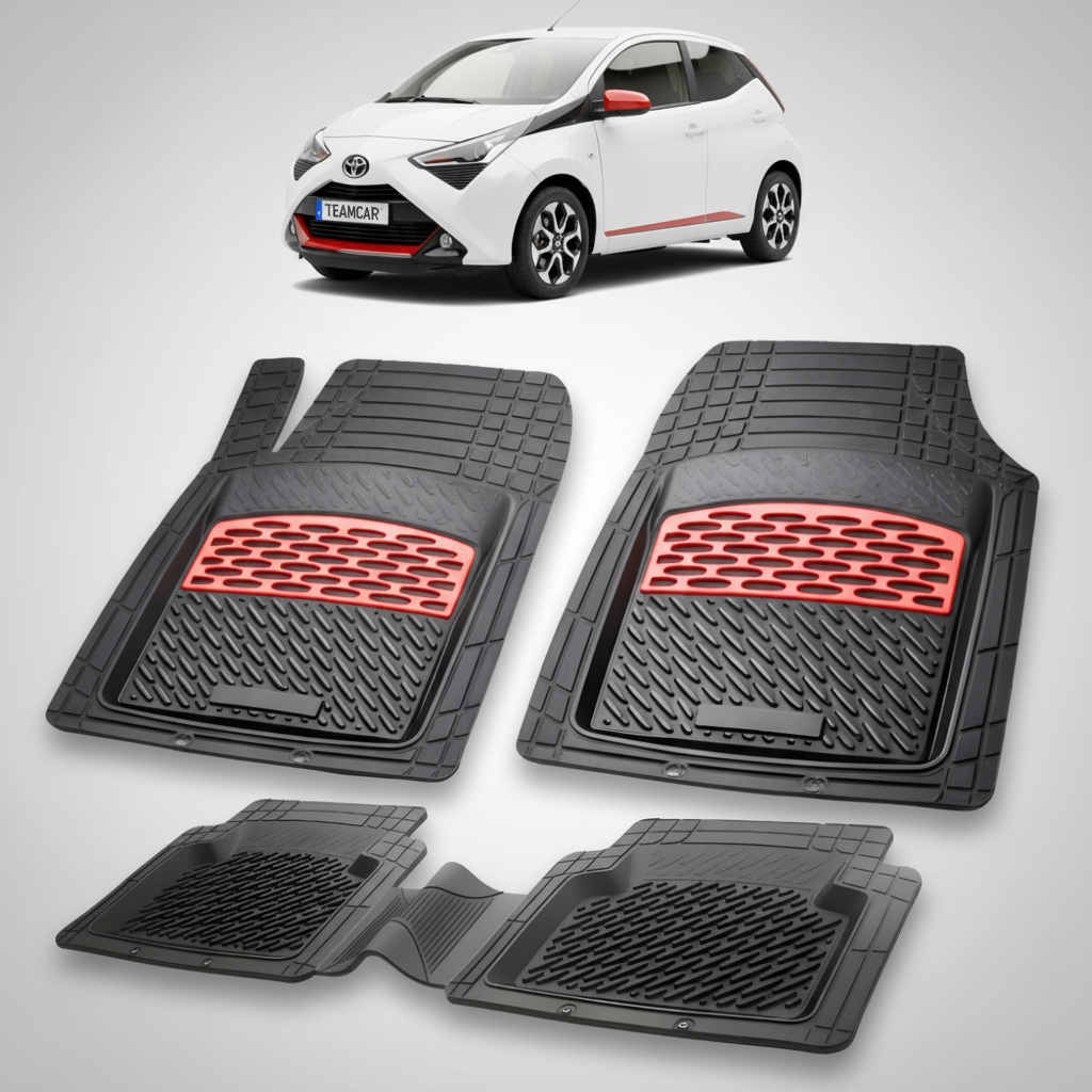set de covorase din cauciuc negre cu accente rosii cu toyota aygo ab40 hatchback alba in fundal