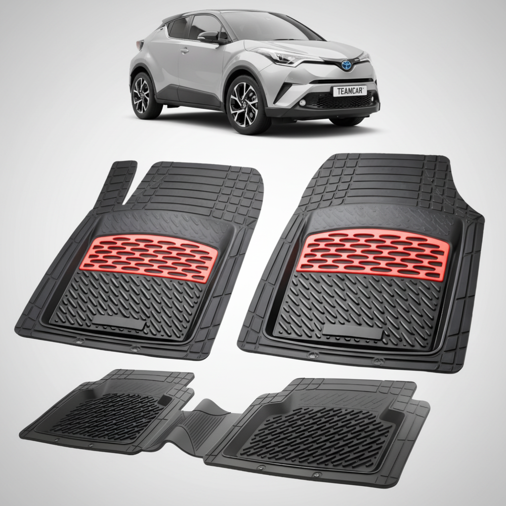 set de covorase din cauciuc negre cu accente rosii cu toyota c-hr ax10suv compact gri in fundal