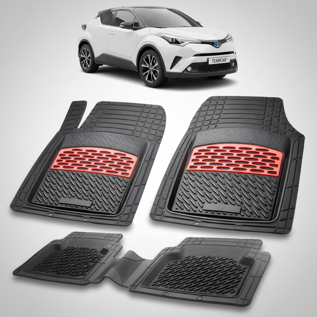 set de covorase din cauciuc negre cu accente rosii cu toyota c-hr ax10suv compact alba gri in fundal