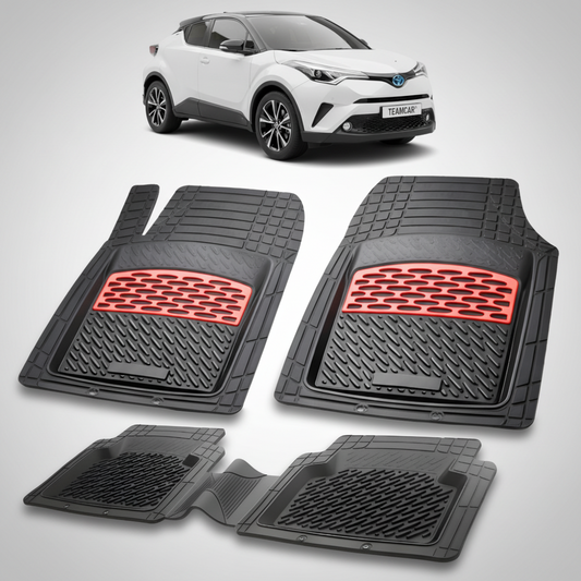 set de covorase din cauciuc negre cu accente rosii cu toyota c-hr ax10suv compact alba gri in fundal