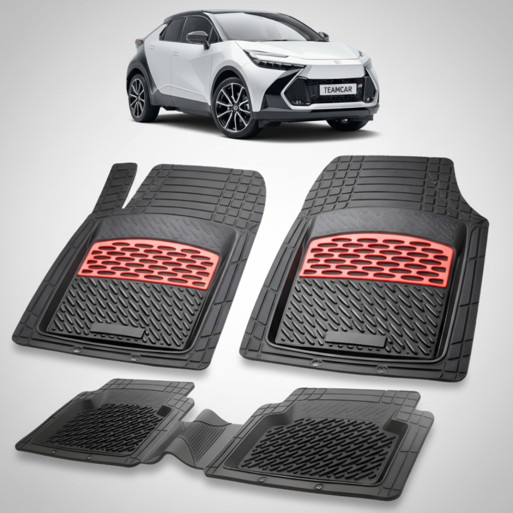 set de covorase din cauciuc negre cu accente rosii cu toyota c-hr ax20suv compact alba in fundal