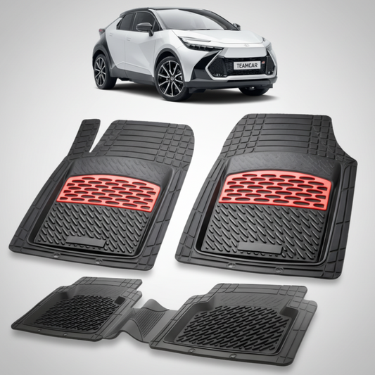 set de covorase din cauciuc negre cu accente rosii cu toyota c-hr ax20suv compact alba in fundal