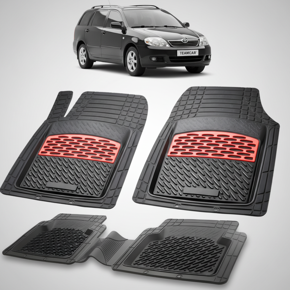 set de covorase din cauciuc negre cu accente rosii cu toyota corolla e120 estate neagra in fundal