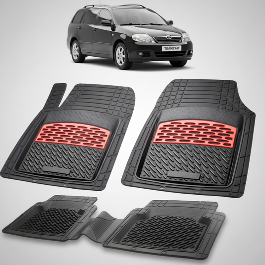 set de covorase din cauciuc negre cu accente rosii cu toyota corolla e120 estate neagra in fundal