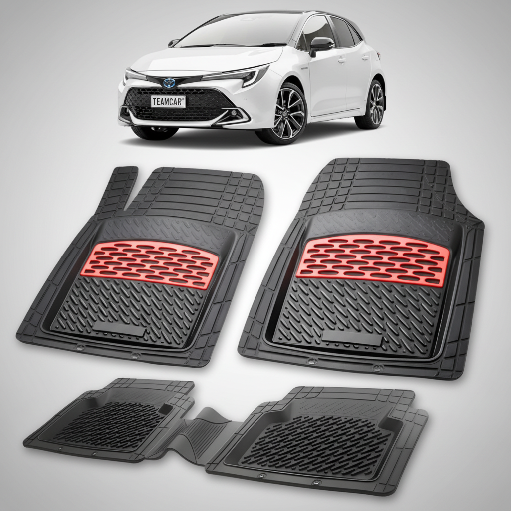 set de covorase din cauciuc negre cu accente rosii cu toyota corolla e210 hatchback argintie in fundal