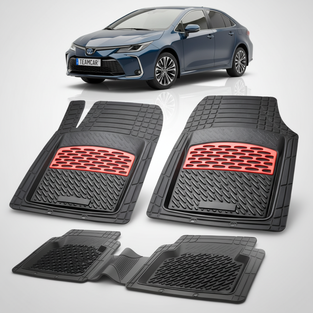 set de covorase din cauciuc negre cu accente rosii cu toyota corolla e210 hatchback albastru inchis in fundal