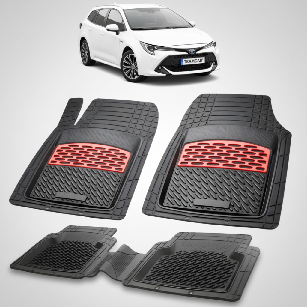set de covorase din cauciuc negre cu accente rosii cu toyota corolla e210 TouringSports alba in fundal