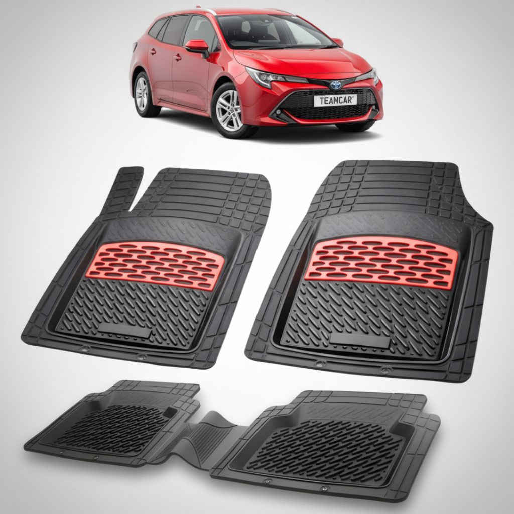 set de covorase din cauciuc negre cu accente rosii cu toyota corolla e210 touring sports rosie in fundal
