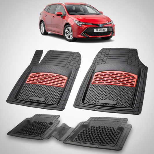 set de covorase din cauciuc negre cu accente rosii cu toyota corolla e210 touring sports rosie in fundal