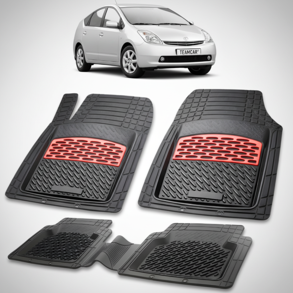 set de covorase din cauciuc negre cu accente rosii cu toyota prius xw20 hatchback gri in fundal