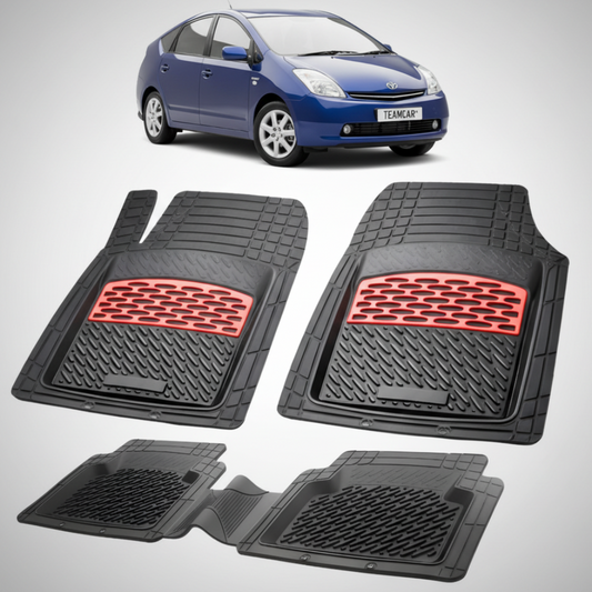 set de covorase din cauciuc negre cu accente rosii cu toyota prius xw20 hatchback albastra in fundal