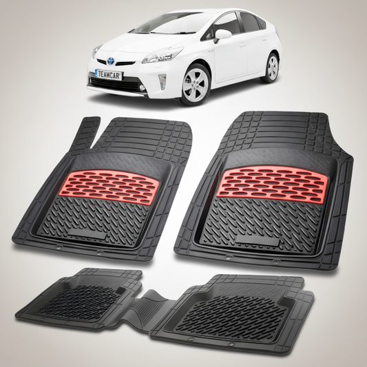 set de covorase din cauciuc negre cu accente rosii cu toyota prius xw30 hatchback alba in fundal