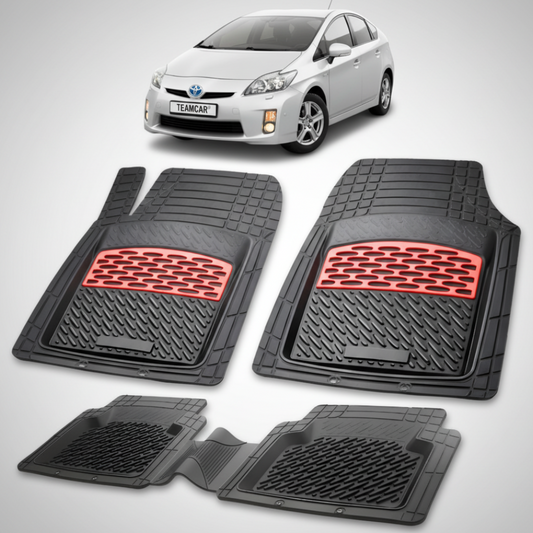 set de covorase din cauciuc negre cu accente rosii cu toyota prius xw30 hatchback gri in fundal