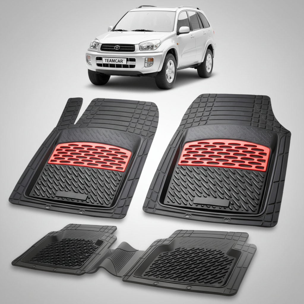 set de covorase din cauciuc negre cu accente rosii cu toyota rav 4 xa20 suv gri in fundal
