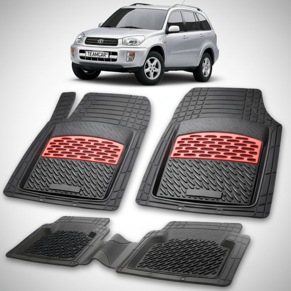 set de covorase din cauciuc negre cu accente rosii cu toyota rav 4 xa20 suv gri in fundal