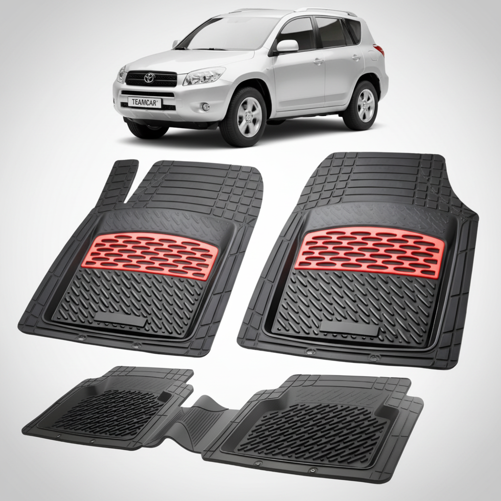 set de covorase din cauciuc negre cu accente rosii cu toyota rav 4 xa30 suv gri in fundal