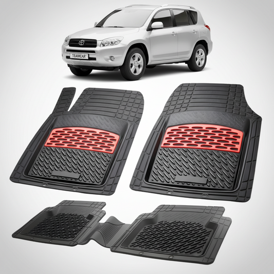 set de covorase din cauciuc negre cu accente rosii cu toyota rav 4 xa30 suv gri in fundal