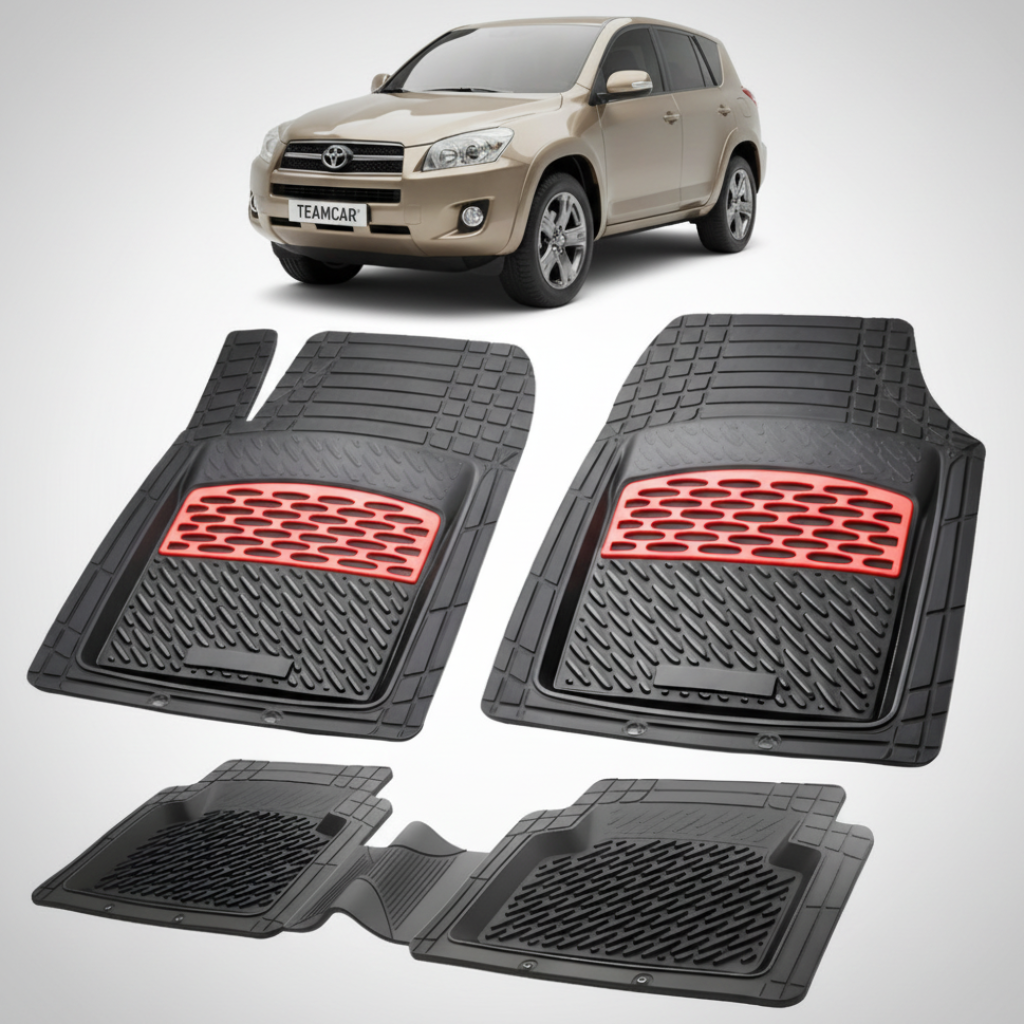 set de covorase din cauciuc negre cu accente rosii cu toyota rav 4 xa30 suv maro in fundal