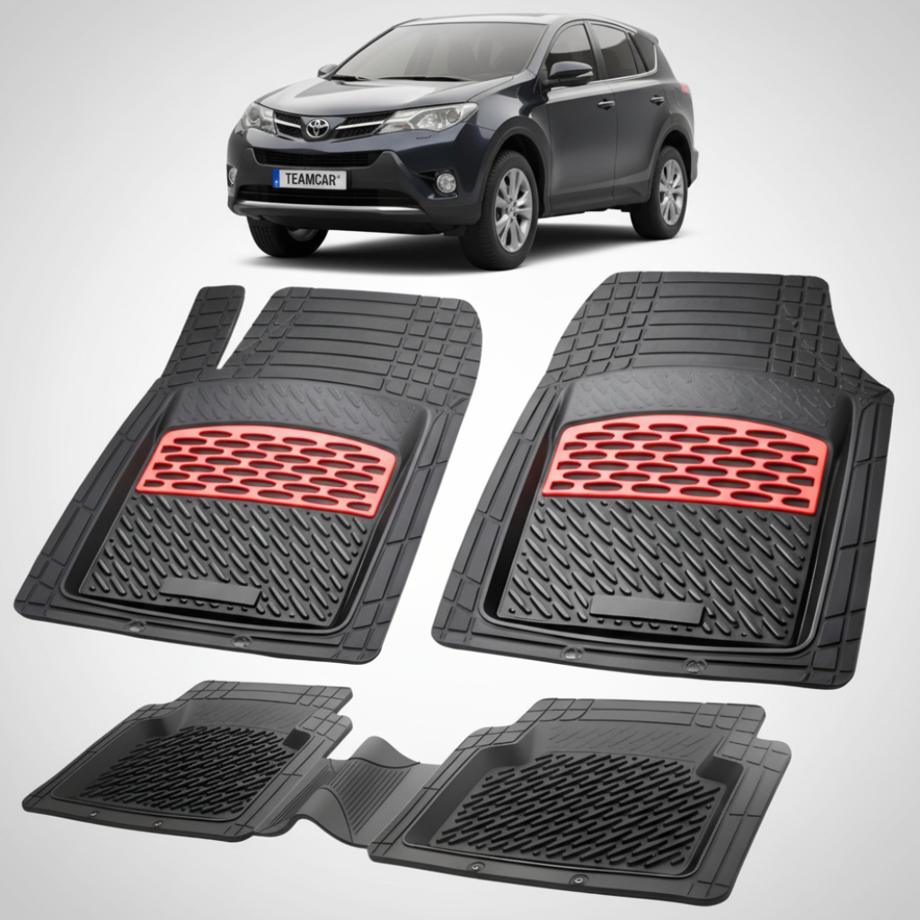 set de covorase din cauciuc negre cu accente rosii cu toyota rav 4 xa40 suv negru in fundal