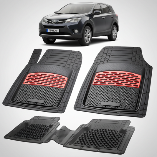 set de covorase din cauciuc negre cu accente rosii cu toyota rav 4 xa40 suv negru in fundal