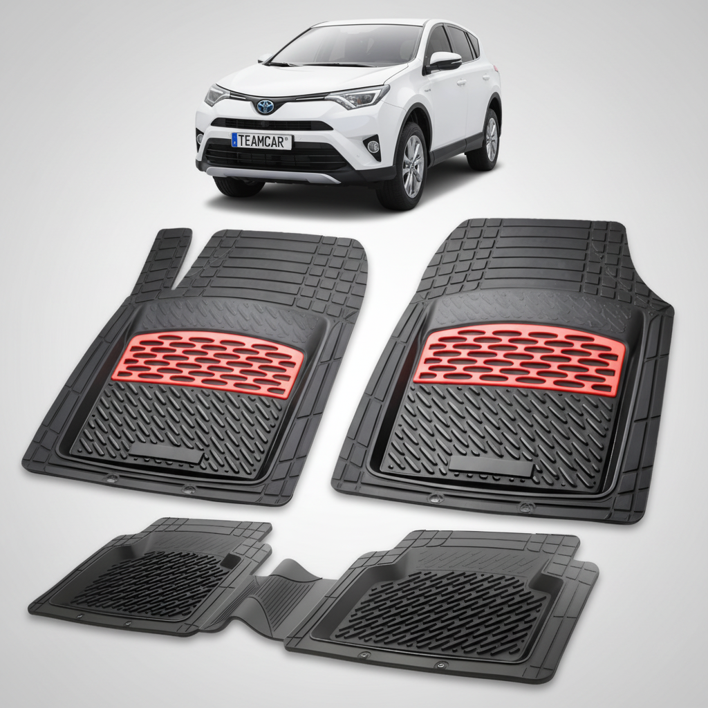 set de covorase din cauciuc negre cu accente rosii cu toyota rav 4 xa40 suv alba in fundal