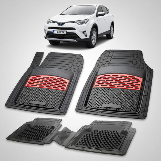 set de covorase din cauciuc negre cu accente rosii cu toyota rav 4 xa40 suv alba in fundal