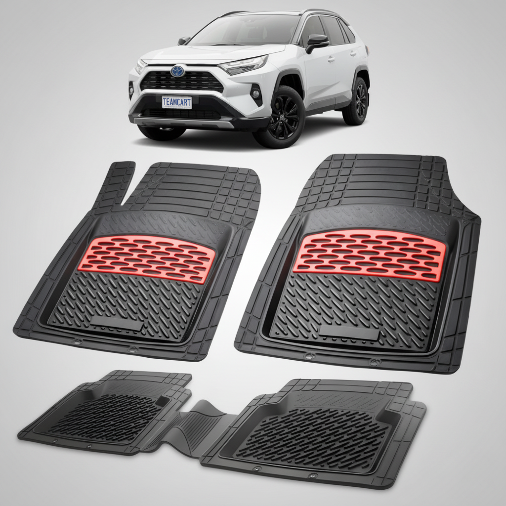 set de covorase din cauciuc negre cu accente rosii cu toyota rav 4 xa50 suv alba in fundal