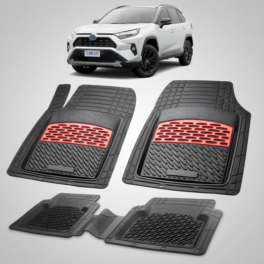 set de covorase din cauciuc negre cu accente rosii cu toyota rav 4 xa50 suv alba in fundal