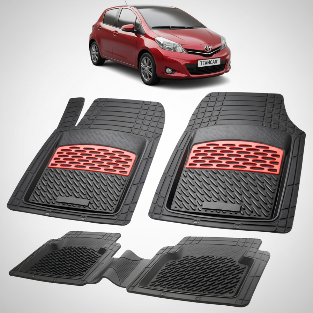 set de covorase din cauciuc negre cu accente rosii cu toyota yaris xp130 hatchback rosie in fundal