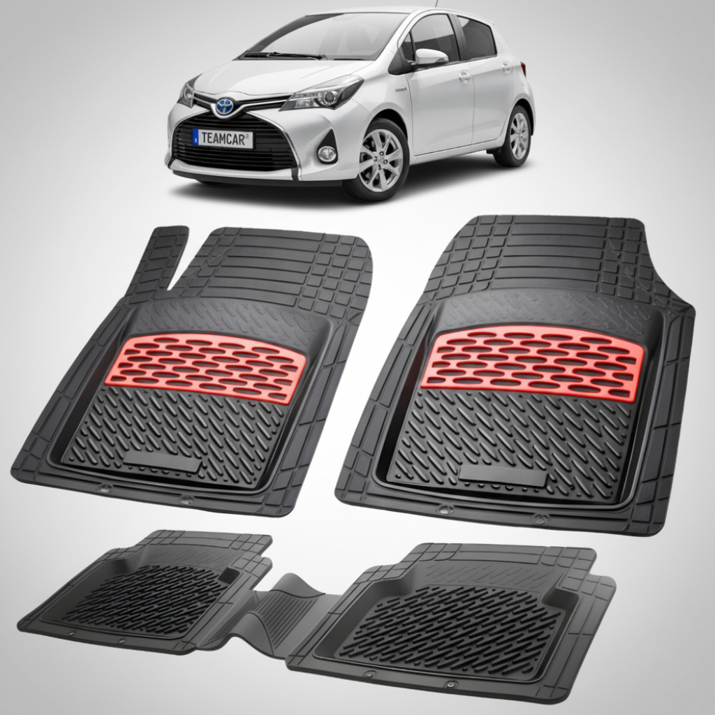 set de covorase din cauciuc negre cu accente rosii cu toyota yaris xp130 hatchback alba in fundal