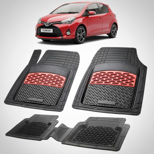 set de covorase din cauciuc negre cu accente rosii cu toyota yaris xp130 hatchback rosie in fundal