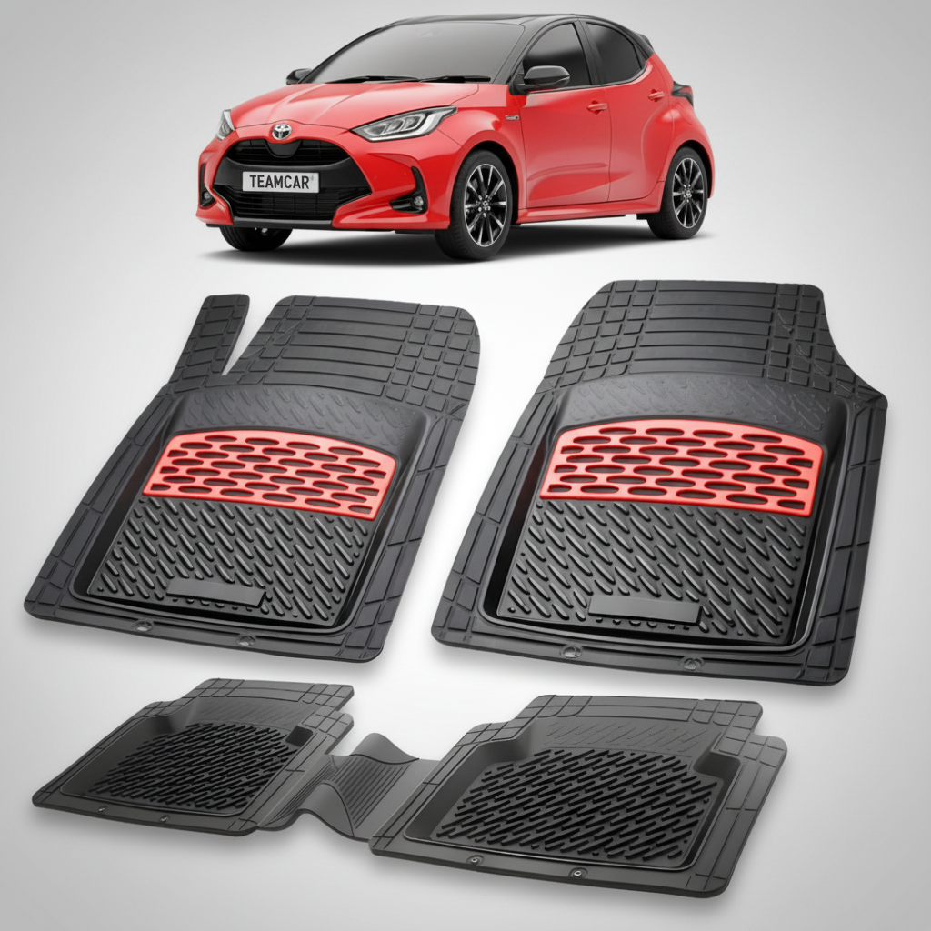 set de covorase din cauciuc negre cu accente rosii cu toyota yaris xp210 hatchback rosie in fundal