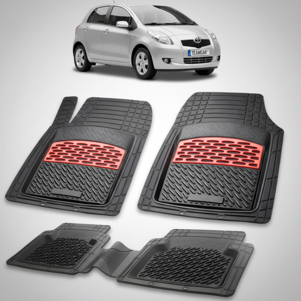 set de covorase din cauciuc negre cu accente rosii cu toyota yaris xp90 hatchback gri in fundal