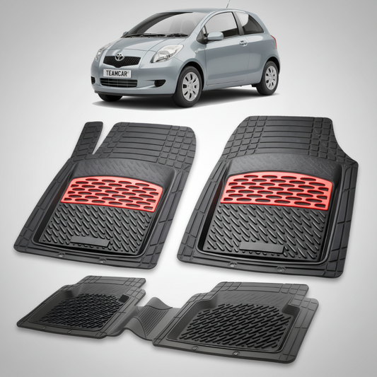 set de covorase din cauciuc negre cu accente rosii cu toyota yaris xp90 hatchback gri inchis in fundal