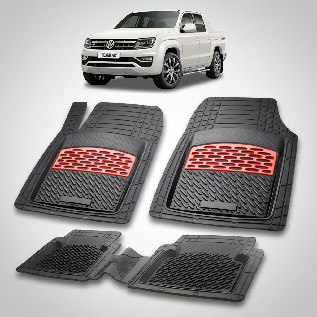 set de covorase din cauciuc negre cu accente rosii cu un volkswagen golf amarok 1 2h pickup alb in fundal