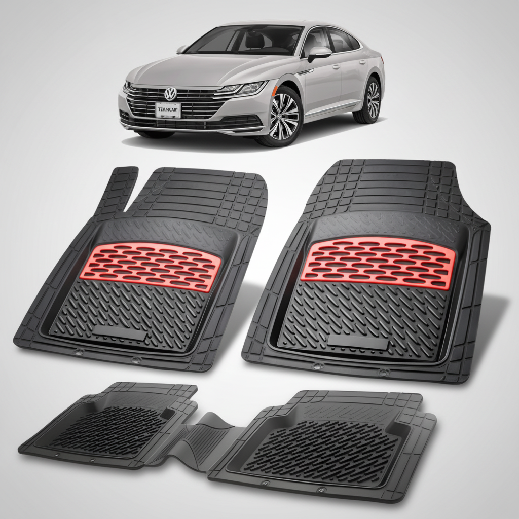 set de covorase din cauciuc negre cu accente rosii cu un volkswagen arteon 3h fastback gri in fundal