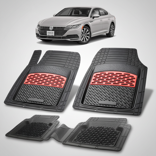 set de covorase din cauciuc negre cu accente rosii cu un volkswagen arteon 3h fastback gri in fundal