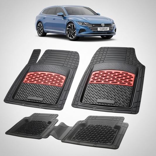 set de covorase din cauciuc negre cu accente rosii cu un volkswagen arteon 3h shooting brake albastru in fundal