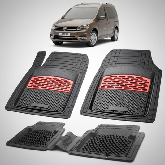 set de covorase din cauciuc negre cu accente rosii cu un volkswagen caddy 4 sa van combi maro inchis in fundal