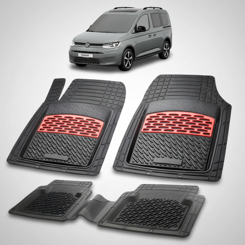 set de covorase din cauciuc negre cu accente rosii cu un volkswagen caddy 5 sb van combi gri inchis in fundal