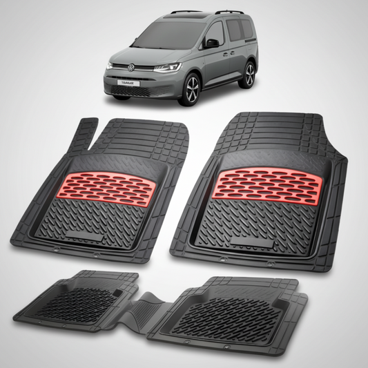set de covorase din cauciuc negre cu accente rosii cu un volkswagen caddy 5 sb van combi gri inchis in fundal