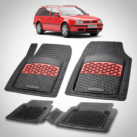 set de covorase din cauciuc negre cu accente rosii cu un volkswagen golf 4 variant rosu in fundal