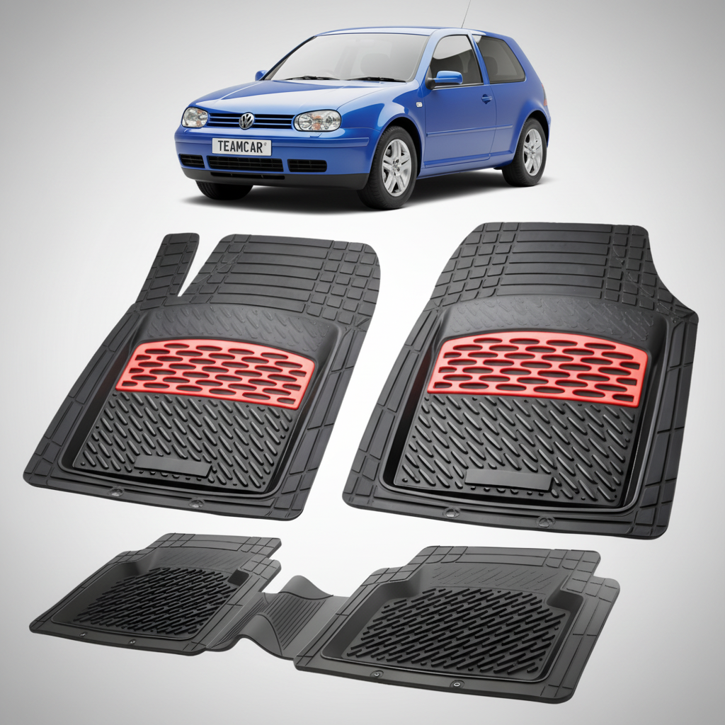 set de covorase din cauciuc negre cu accente rosii cu un Volkswagen golf 4 albastru in fundal